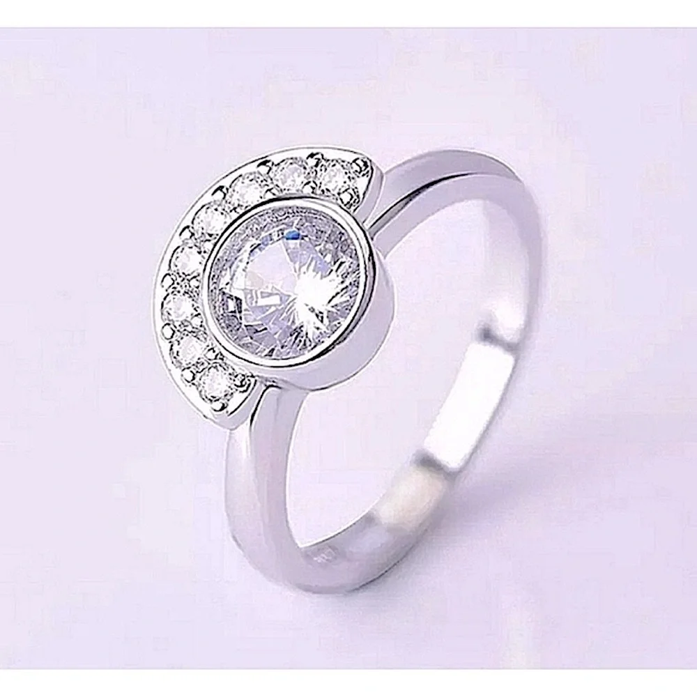 NEW 2Ct Half Moon Rhodium 925‎ Silver Simulated Diamond, Size 9